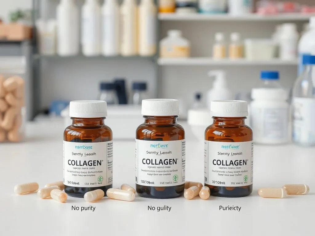 Collagen supplements in capsules with a lab background, indicating different types and purity levels, high quality, educational style