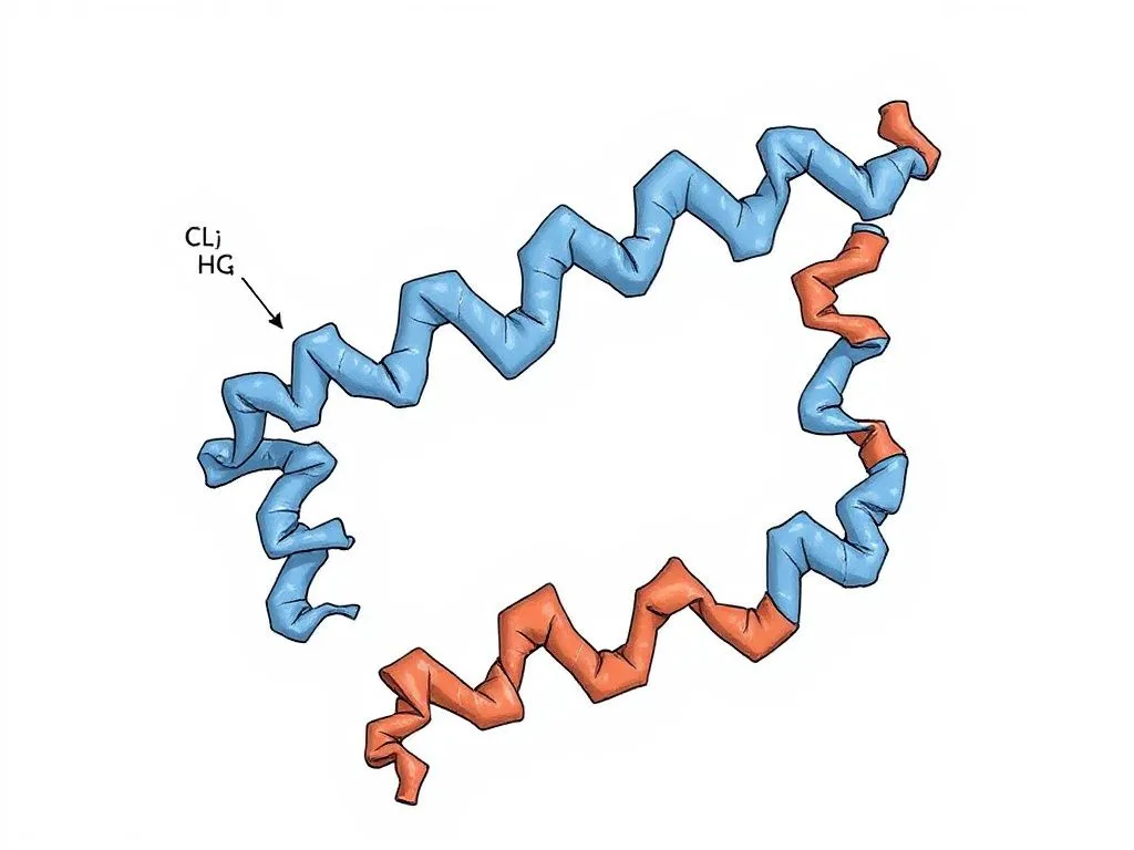 Illustration of collagen protein structure with amino acids like glycine, proline, and hydroxyproline, detailed and scientific style, clean background