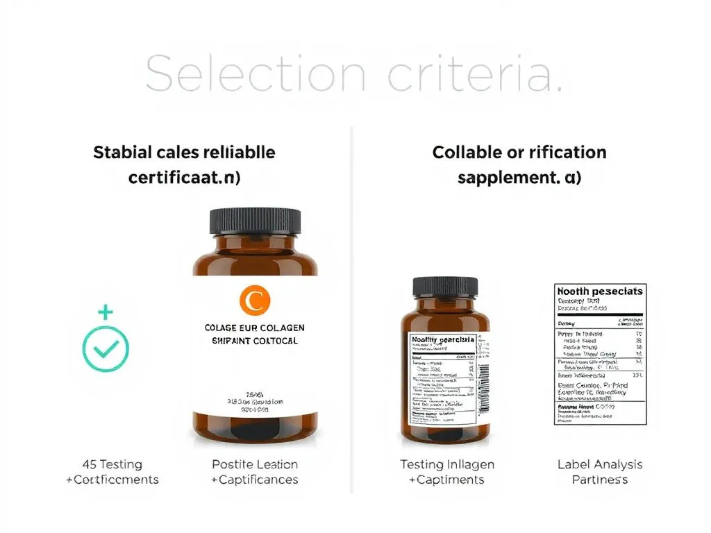Illustration of selection criteria for reliable collagen supplements, featuring testing certifications and label analysis, clear and informative