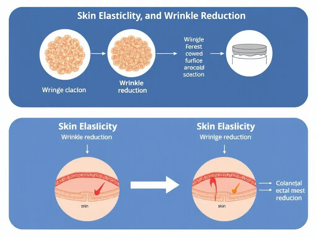 Scientific representation showing collagen's impact on skin elasticity and wrinkle reduction, diagrams and charts, professional and clean