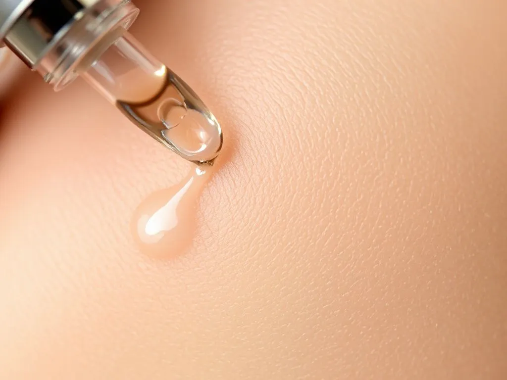 Close-up of textured surface applying hyaluronic acid serum, with the skin appearing hydrated and smooth. Detailed and high quality, showing the process of skincare application with precision and clarity.