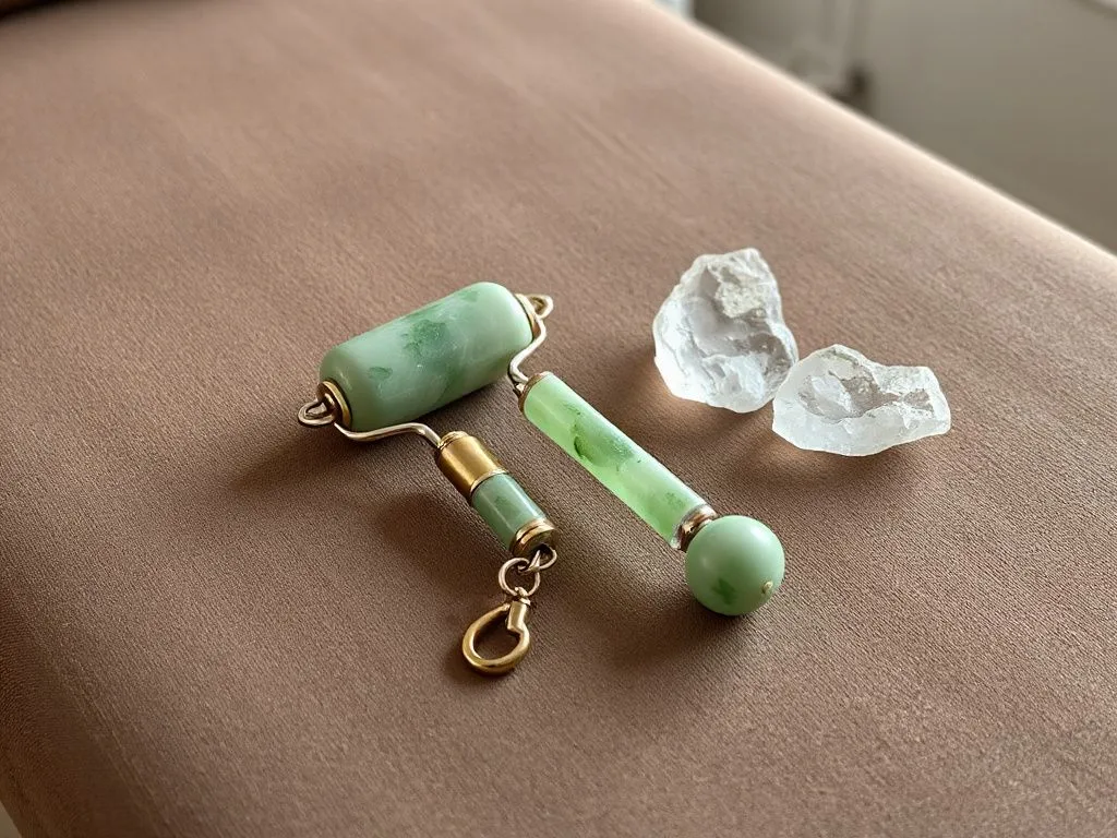 A professional, high-quality image of a jade roller and quartz tool set on a sleek, professional massage table, emphasizing natural beauty tools used to enhance circulation and skin tone.