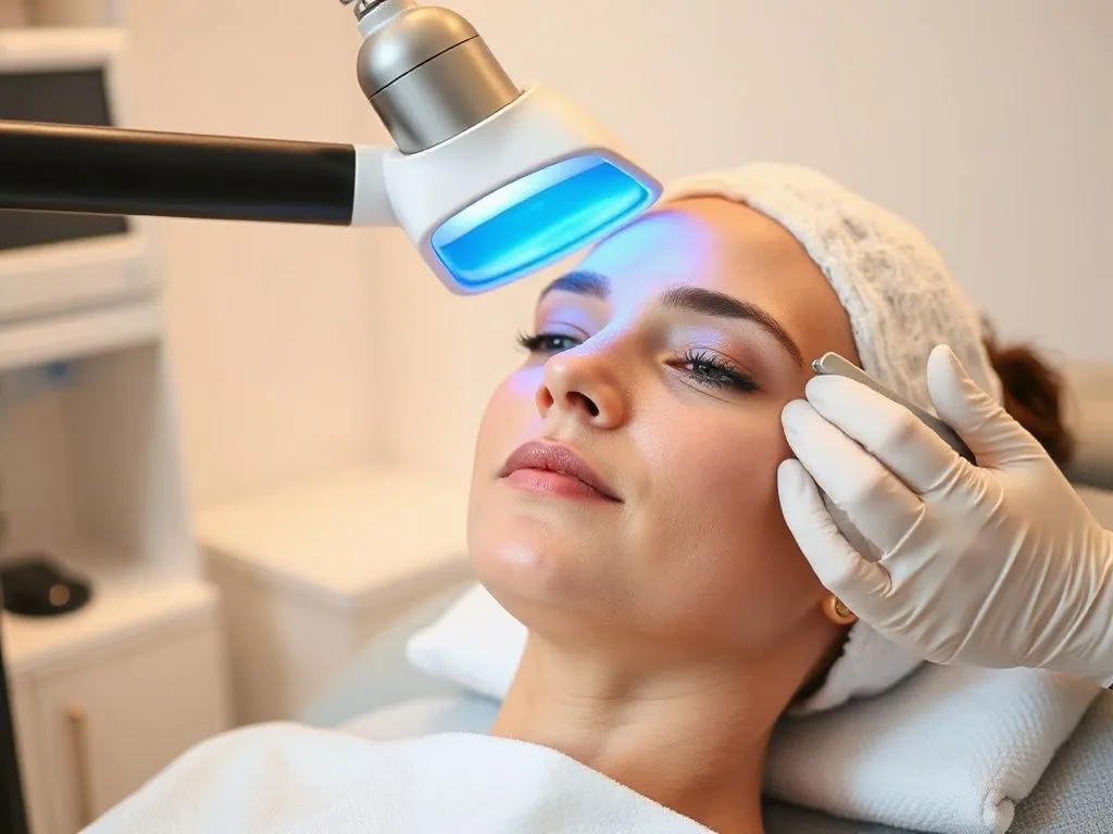 A realistic depiction of advanced non-surgical laser facial treatment in a modern clinic setting, showing a serene patient undergoing a rejuvenation therapy session with cutting-edge technology.