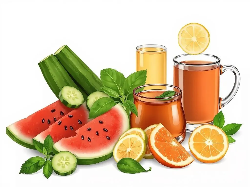 A vibrant illustration of a balanced meal rich in hydrating foods like cucumber, watermelon, and herbal tea, showcasing a healthy lifestyle's contribution to skincare.