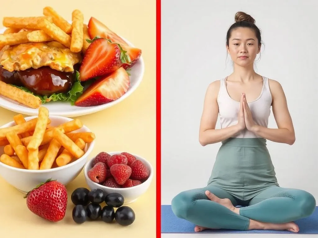 Comparison of unhealthy lifestyle choices (fast food, sedentary behavior) versus healthy choices (fresh fruits, yoga), vivid and contrasting colors, split-screen style Comparison of unhealthy lifestyle choices (fast food, sedentary behavior) versus healthy choices (fresh fruits, yoga), vivid and contrasting colors, split-screen style