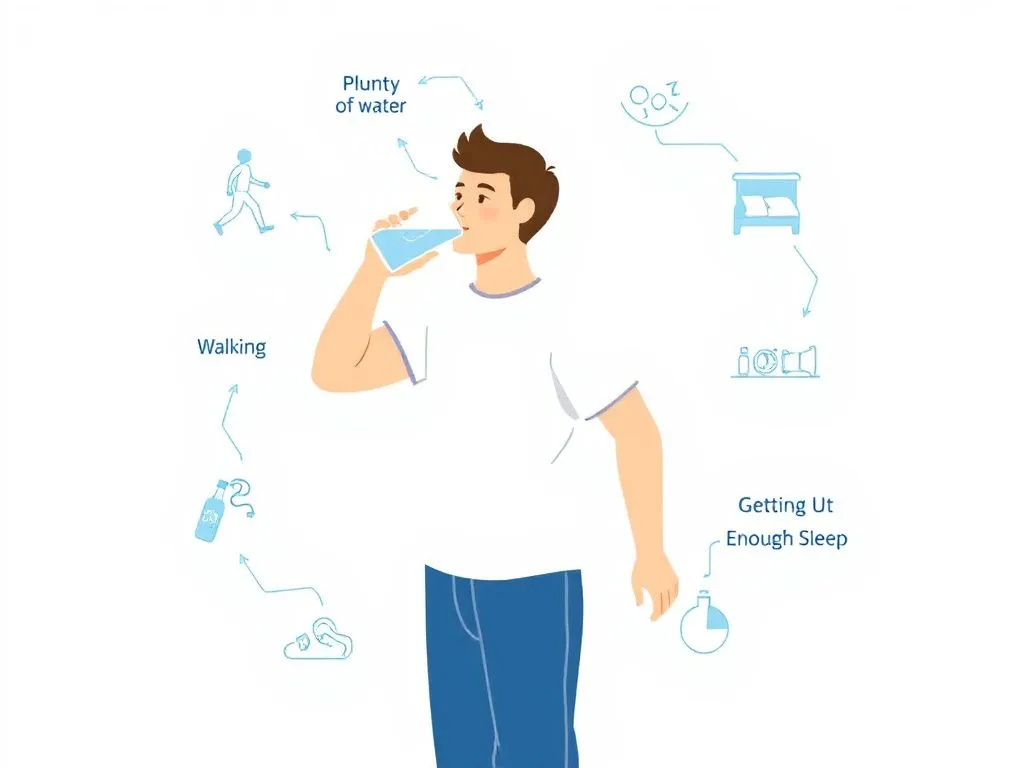 Graphic of a person drinking plenty of water, walking, getting enough sleep, surrounded by health icons, minimalist and infographic style Graphic of a person drinking plenty of water, walking, getting enough sleep, surrounded by health icons, minimalist and infographic style