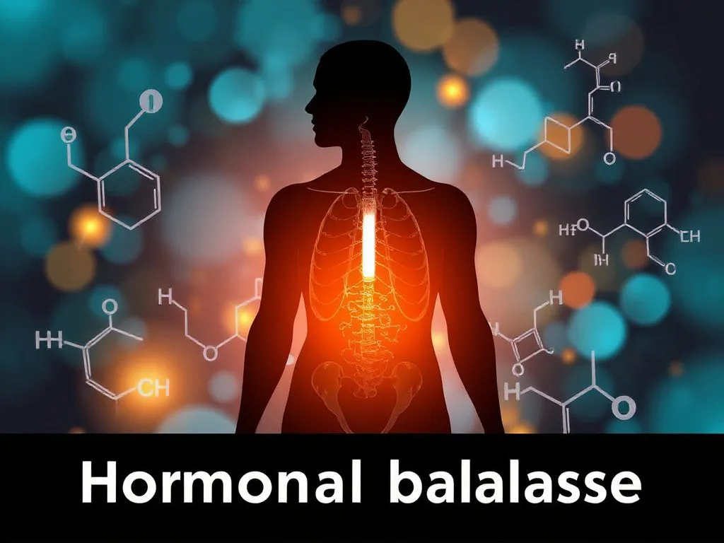 Visual representation of hormonal imbalance with human silhouette and chemical structures in the background, scientific and educational style, modern and clean Visual representation of hormonal imbalance with human silhouette and chemical structures in the background, scientific and educational style, modern and clean