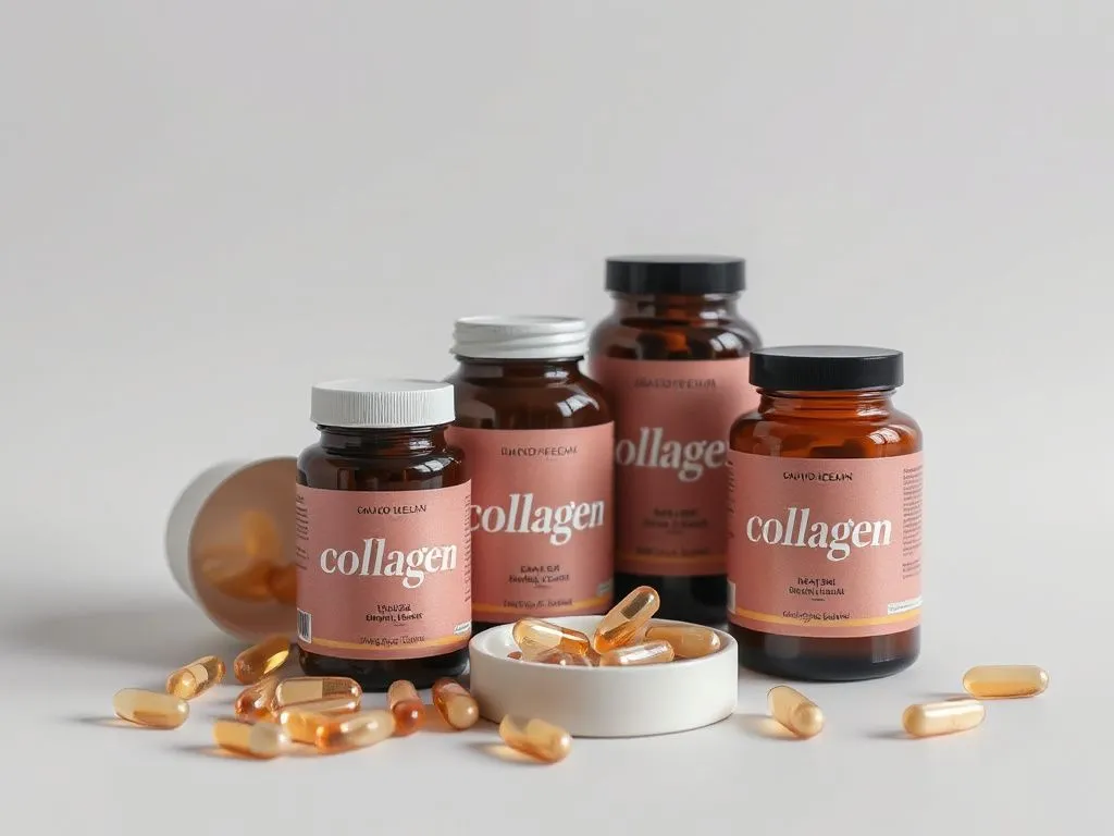 Photorealistic image of collagen supplement jars and capsules, designed for skin health, arranged in an aesthetically pleasing manner, natural lighting
