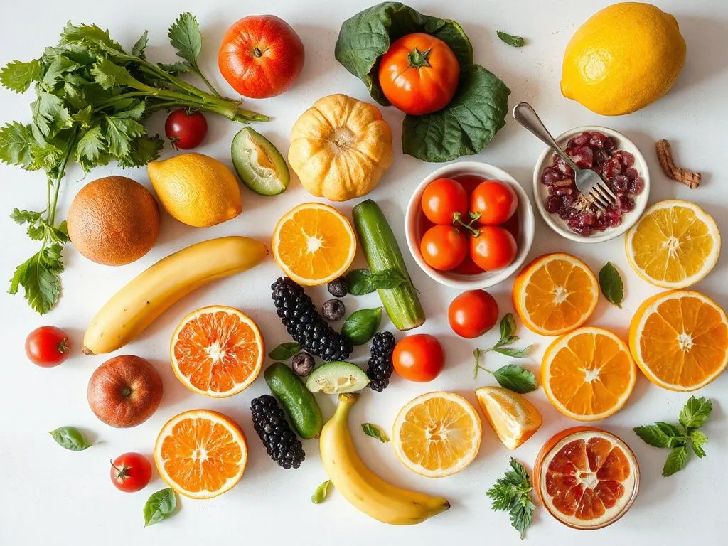 Flat lay image of a balanced diet, including fruits, vegetables, and items high in Vitamin C, captured in natural lighting, fresh and vibrant look