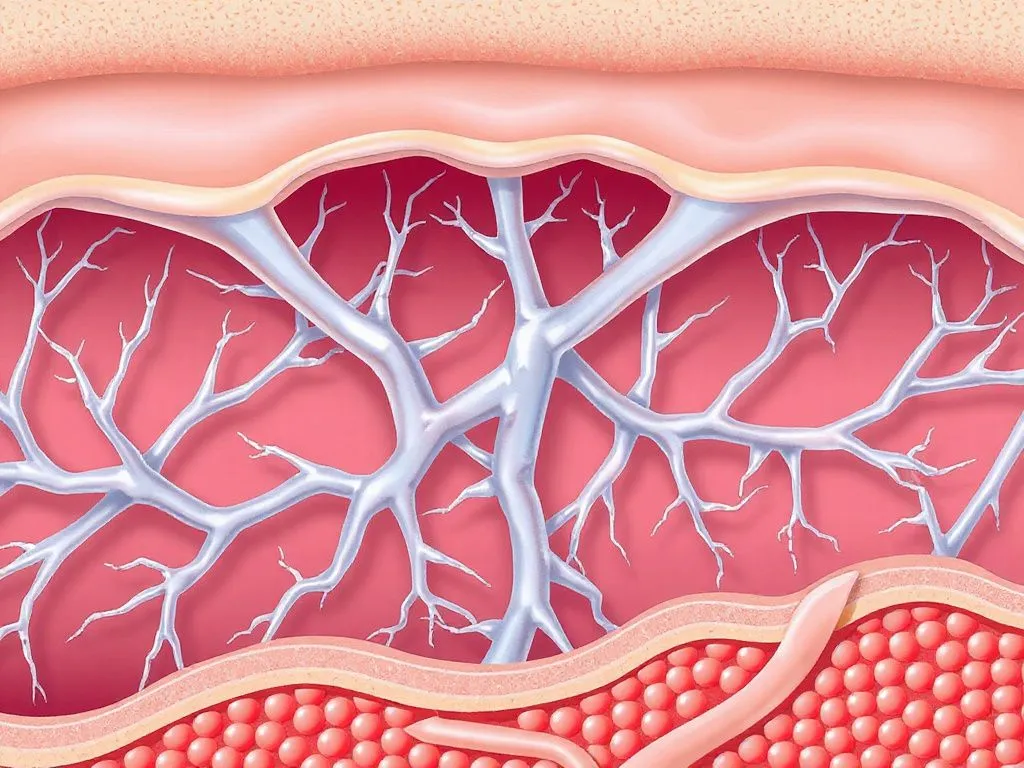Detailed illustration of collagen fibers within the skin structure, showing their supportive function, professional illustration style