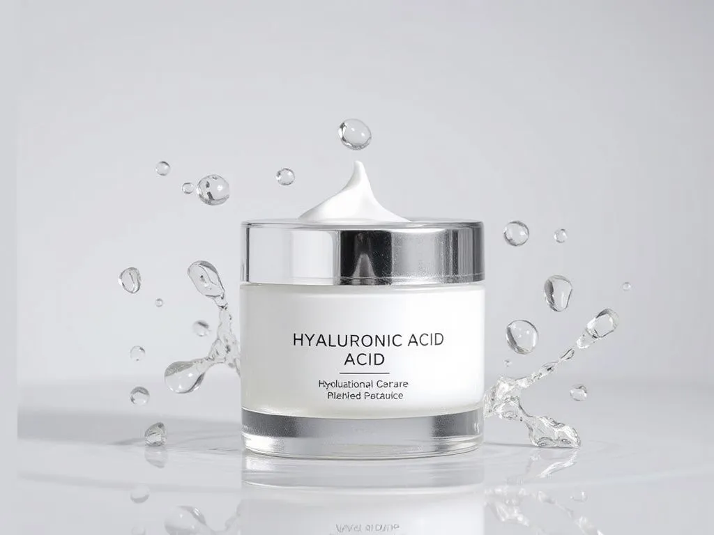 Professional image of a skincare product containing hyaluronic acid, with water droplets to emphasize hydration, modern and clean presentation