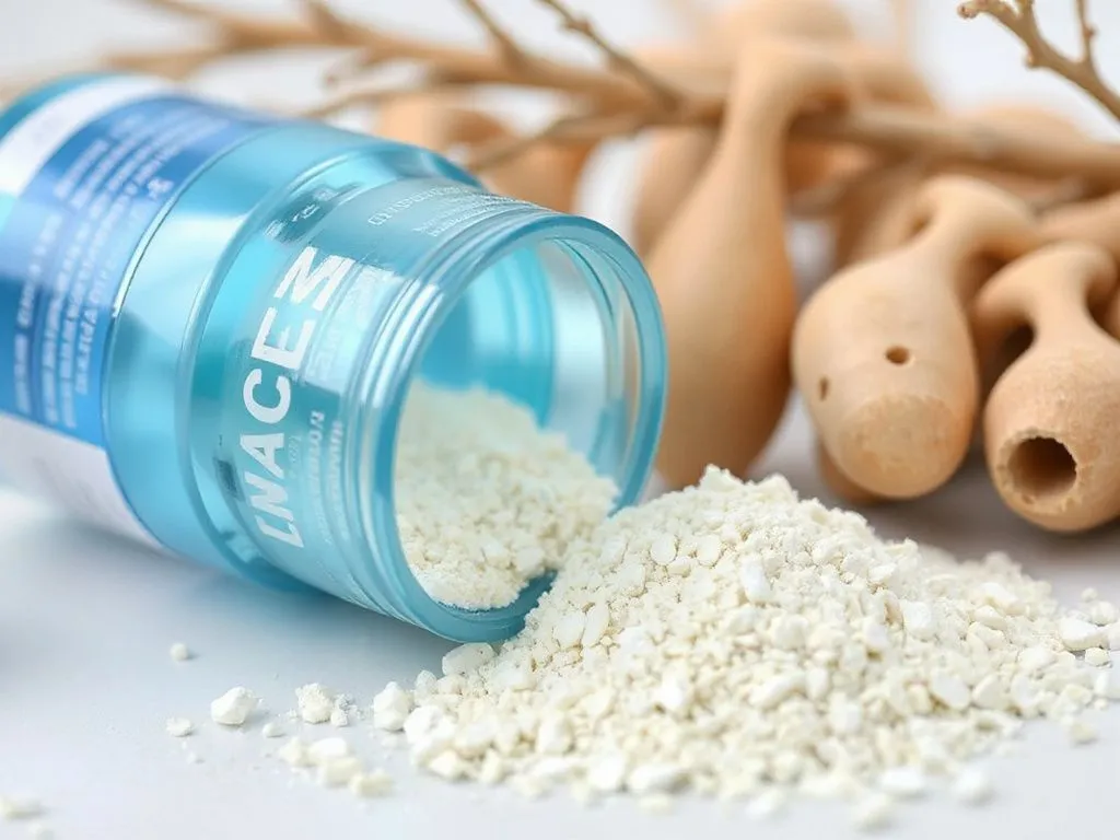 Close-up of marine collagen powder or supplement bottle, professional photography, natural elements