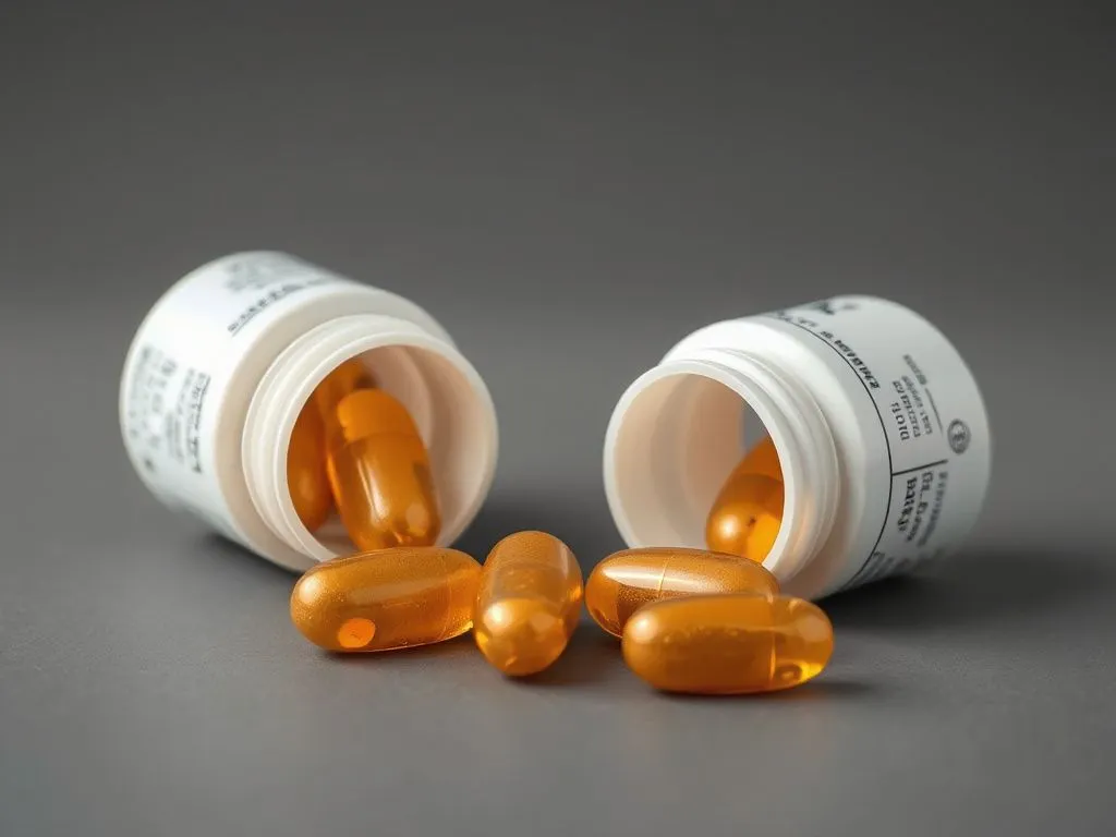 Photorealistic depiction of biotin tablets or capsules and their packaging, detailed, minimal design