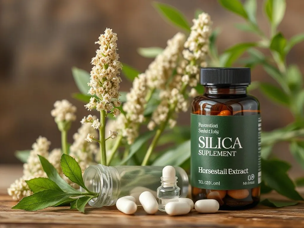 Silica supplement bottle or horsetail extract, photorealistic, detailed, professional style