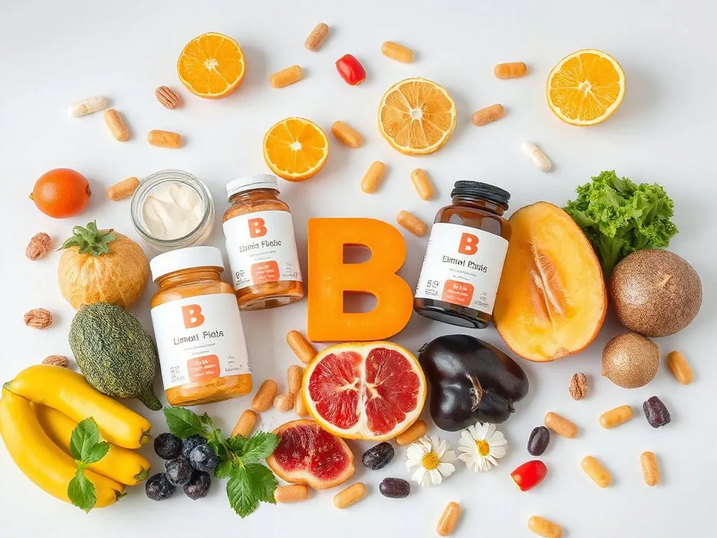 A variety of B vitamins supplements and foods rich in B vitamins, colorful, professional layout