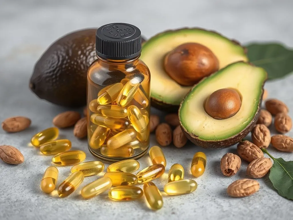 Vitamin E capsules or a bottle, accompanied by avocado and nuts, high quality photography, natural setup