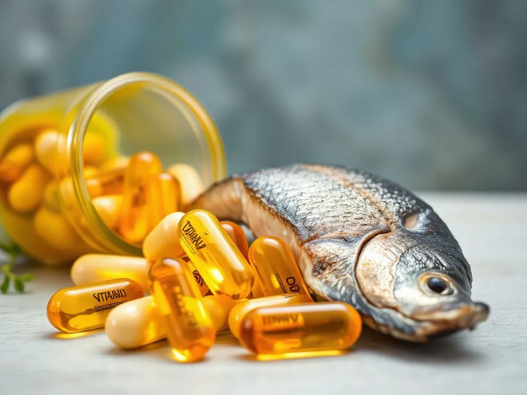 Vitamin D supplement capsules or food rich in vitamin D like fish, high quality, bright and clear imagery
