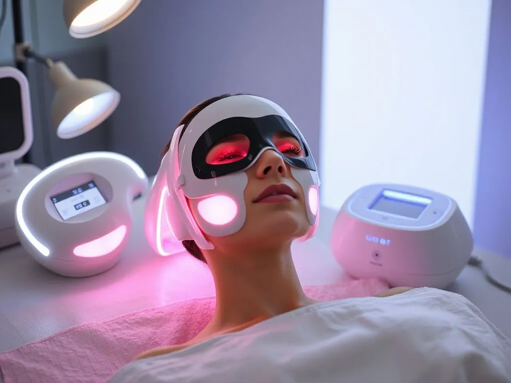 High-tech skincare devices like LED masks and microcurrent machines, professional studio lighting, sleek and modern design