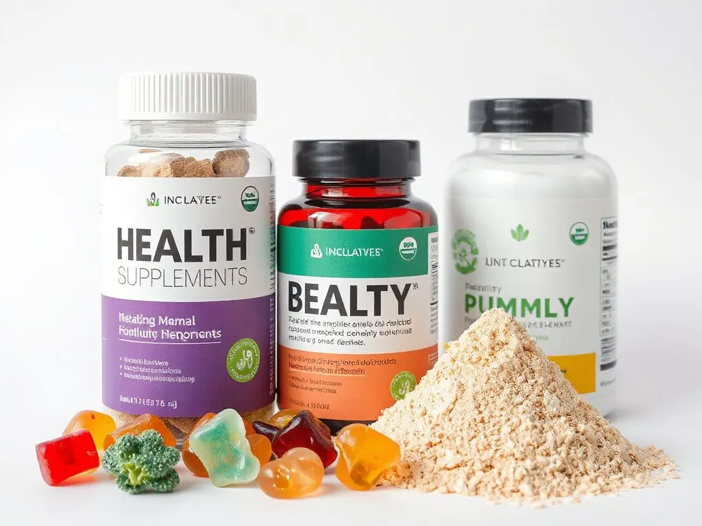 Innovative health supplements in gummy and powder form, vibrant colors, sleek packaging, ready-to-consume, photorealistic