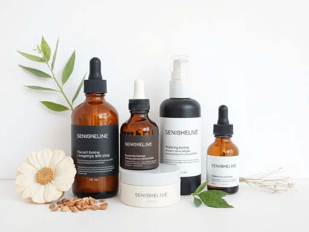 Minimalist skincare products with natural ingredients, focusing on simplicity and sustainability, clean background