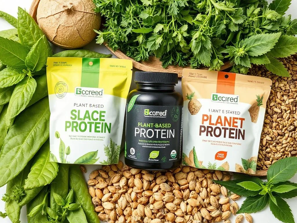 Variety of plant-based protein supplements in modern packaging, surrounded by fresh ingredients like peas, hemp, and seeds, high quality close-up