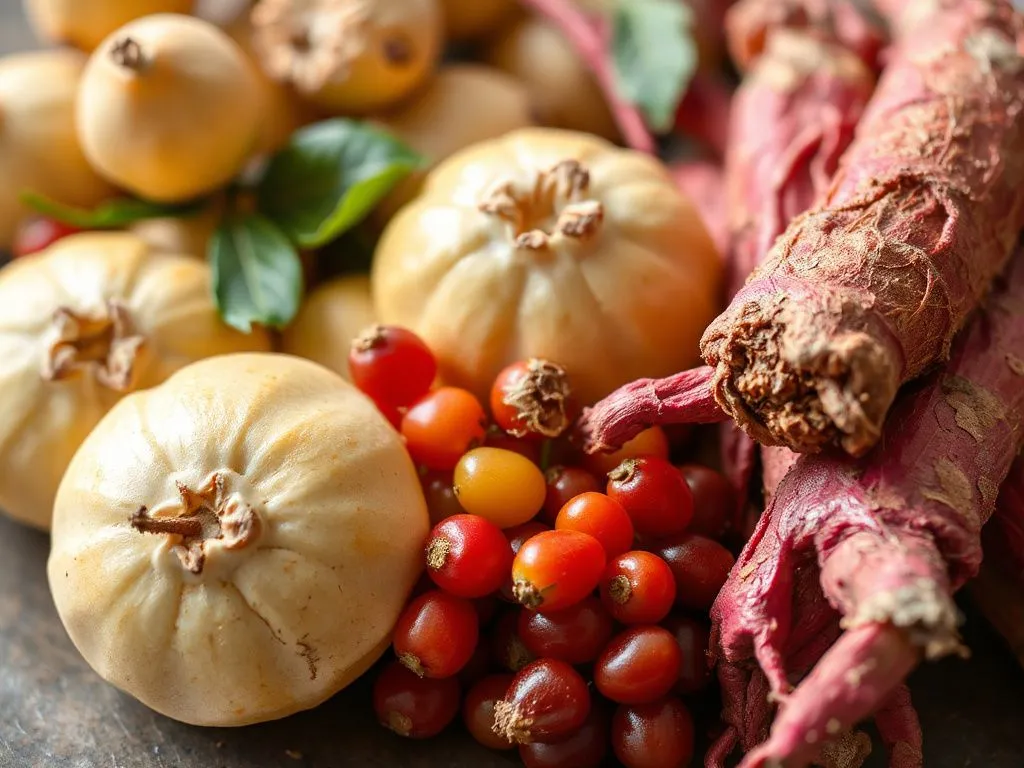 Detailed close-up image of Jojoba fruit, Goji berries, and Red Ginseng roots, photorealistic, high quality, natural lighting