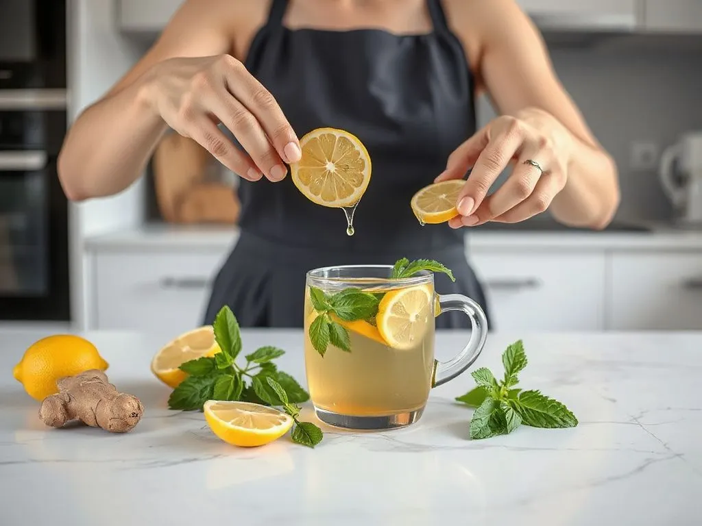 Modern kitchen setting with a person preparing a cup of detox tea, adding lemon slices, ginger, and mint for flavor, clean and minimalist style