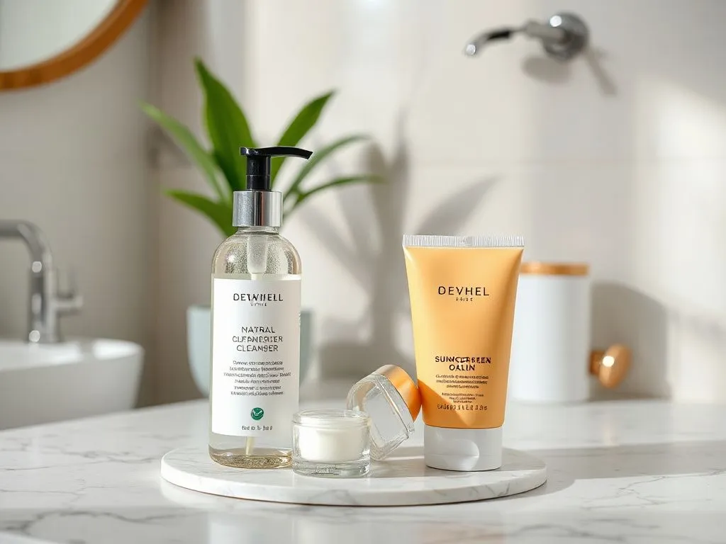 Natural skincare routine setup, featuring a gentle cleanser, moisturizer, and SPF sunscreen in an elegant bathroom environment, detailed, high quality