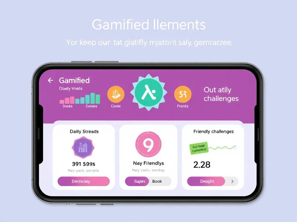 Artistic representation of gamified elements in a wellness app: daily streaks, badges, and friendly challenges displayed on a screen. This reflects motivational factors that keep users engaged and committed. Artistic representation of gamified elements in a wellness app: daily streaks, badges, and friendly challenges displayed on a screen. This reflects motivational factors that keep users engaged and committed.