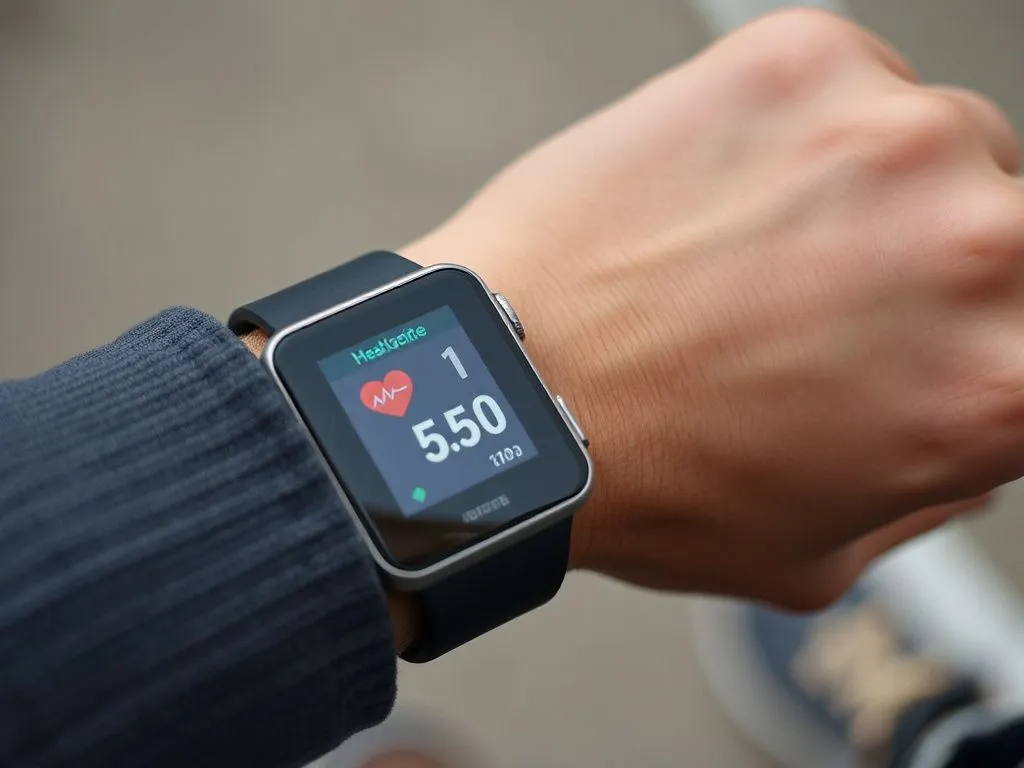 High-quality close-up of wearable fitness technology like a Fitbit or Garmin watch being used by a person to monitor daily activity. The focus is on the device screen displaying health metrics such as steps and heart rate. High-quality close-up of wearable fitness technology like a Fitbit or Garmin watch being used by a person to monitor daily activity. The focus is on the device screen displaying health metrics such as steps and heart rate.