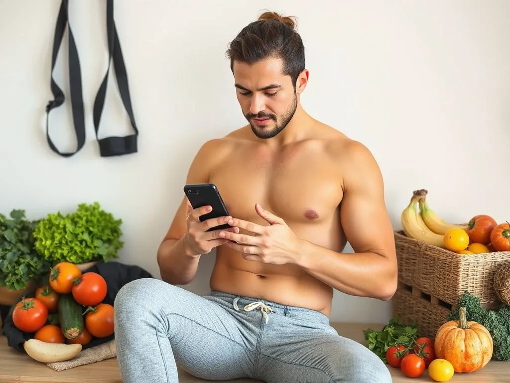 An inspiring image of a fit individual using a smartphone for health monitoring, amidst fitness gear and fresh produce. It represents a personal success story in integrating technology with wellness practices. An inspiring image of a fit individual using a smartphone for health monitoring, amidst fitness gear and fresh produce. It represents a personal success story in integrating technology with wellness practices.