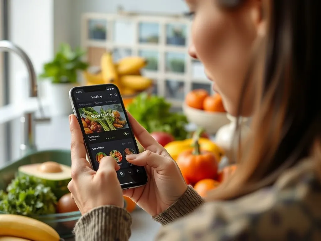 A photorealistic scene of a person using a health app on a smartphone in a kitchen setting. The app displays meal tracking features with vibrant fruits and vegetables in the background, enhancing the focus on dietary health. A photorealistic scene of a person using a health app on a smartphone in a kitchen setting. The app displays meal tracking features with vibrant fruits and vegetables in the background, enhancing the focus on dietary health.
