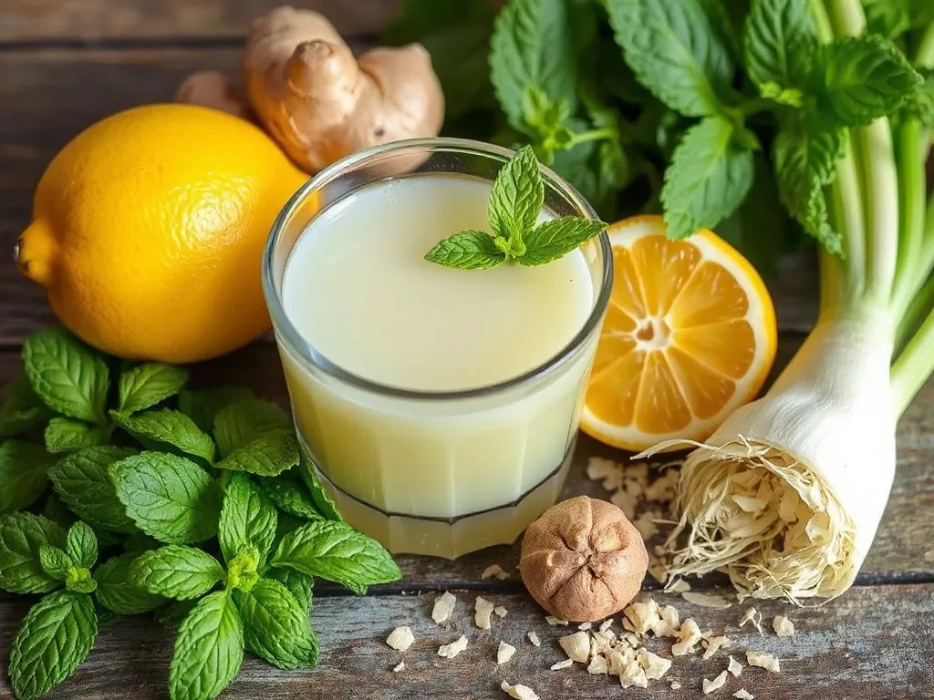 Beautifully arranged ginger, lemon, mint, and fennel ingredients for detox tea, fresh and vibrant colors