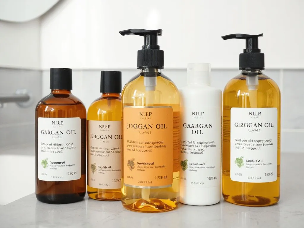 Bottles of natural shampoos containing argan oil and jojoba, set in a modern bathroom