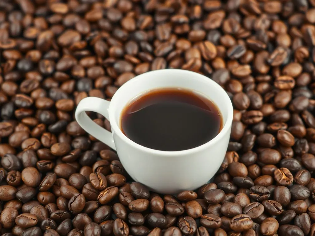 A cup of slimming coffee surrounded by coffee beans, photorealistic style, emphasizing antioxidants