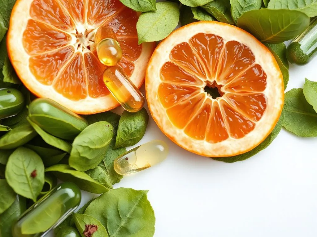Detailed image of green tea leaves and grapefruit segments, symbolizing weight loss capsules with natural ingredients