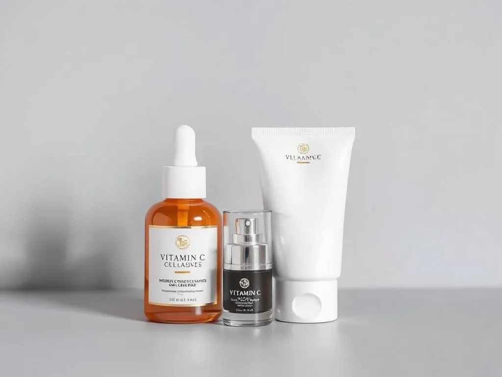 Skincare products with Vitamin C and collagen, elegant packaging, minimalistic style