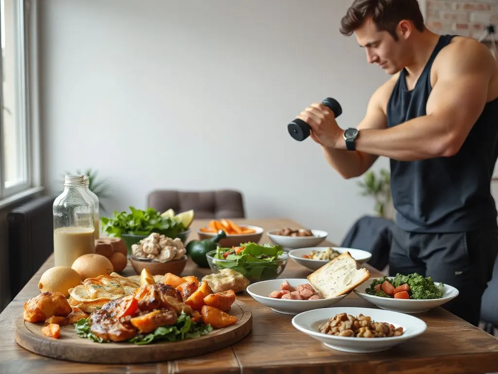 A person performing resistance exercises alongside a table of healthy balanced meals with proteins, complex carbohydrates, and healthy fats, in a well-lit environment.