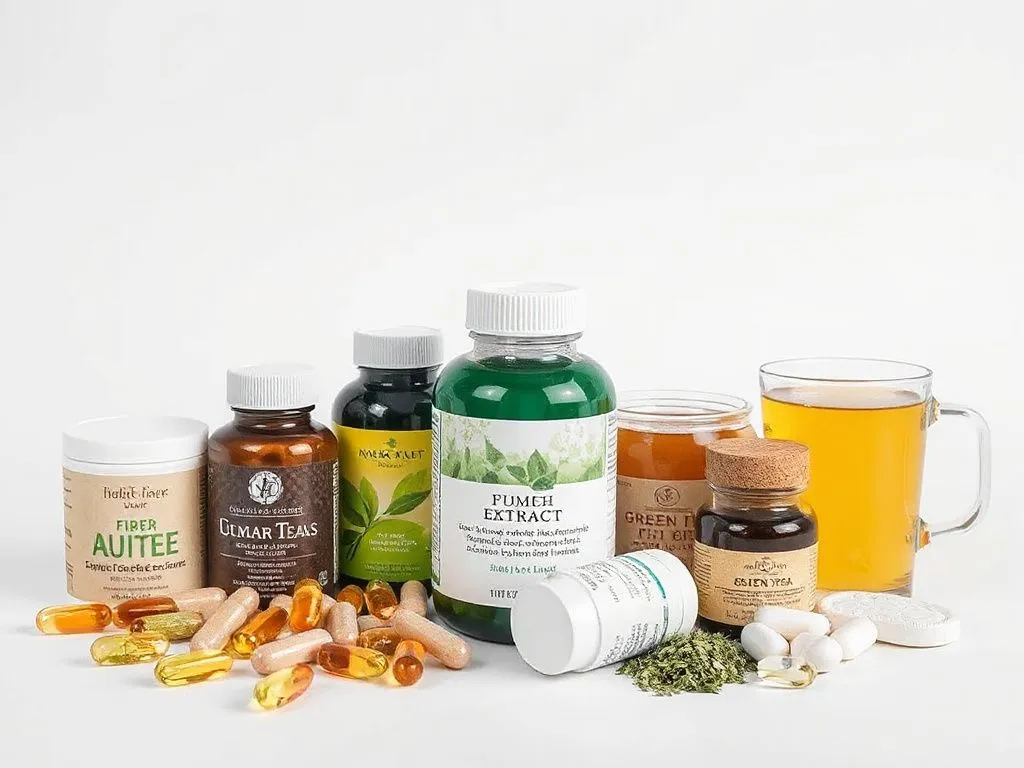 A variety of natural supplements including fiber capsules, green tea extract, and herbal teas, arranged in a clean and organized manner.
