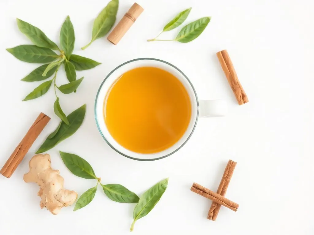 A warm cup of detox tea surrounded by natural ingredients like green tea leaves, ginger, and cinnamon, styled in a minimalist way.