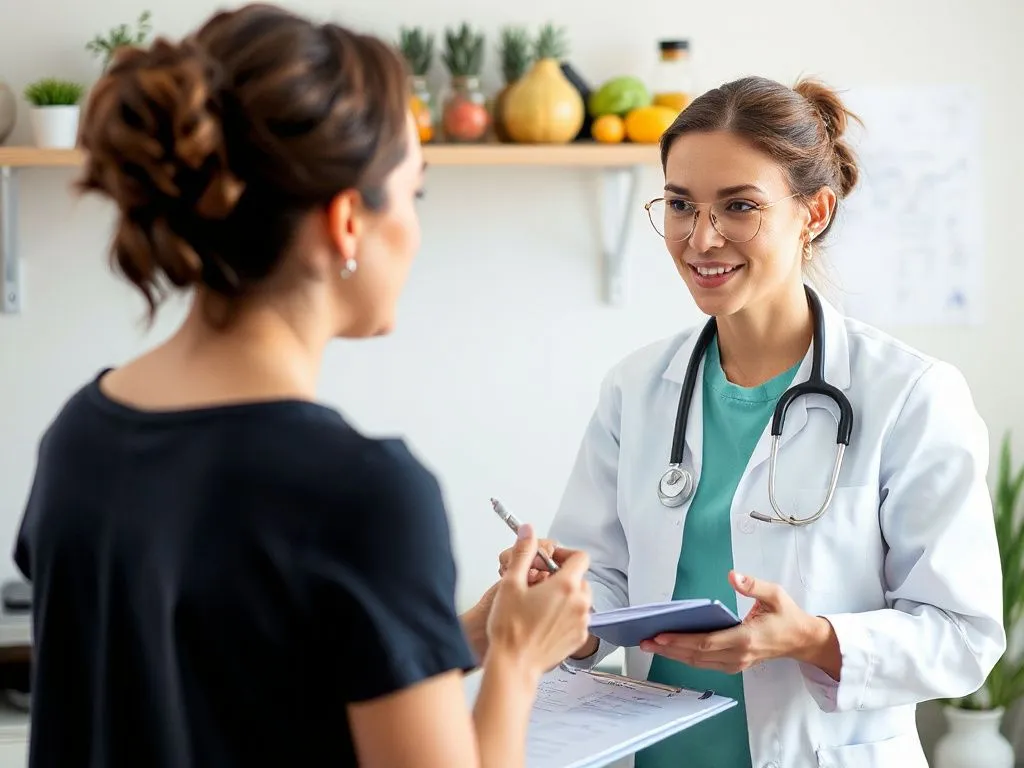 Dietitian, nutritionist discussing personalized health and weight management plans, detailed, focused on dietary guidance
