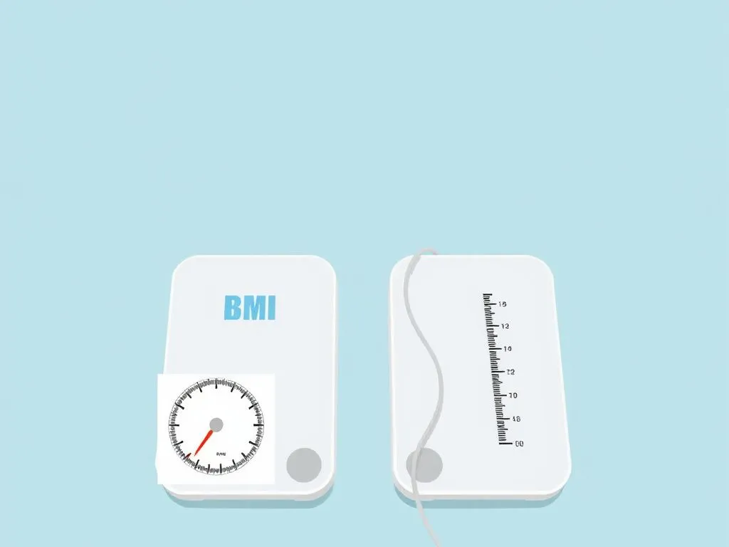 Illustration of health assessment tools like BMI scales, body measurement tracking, high quality, detailed