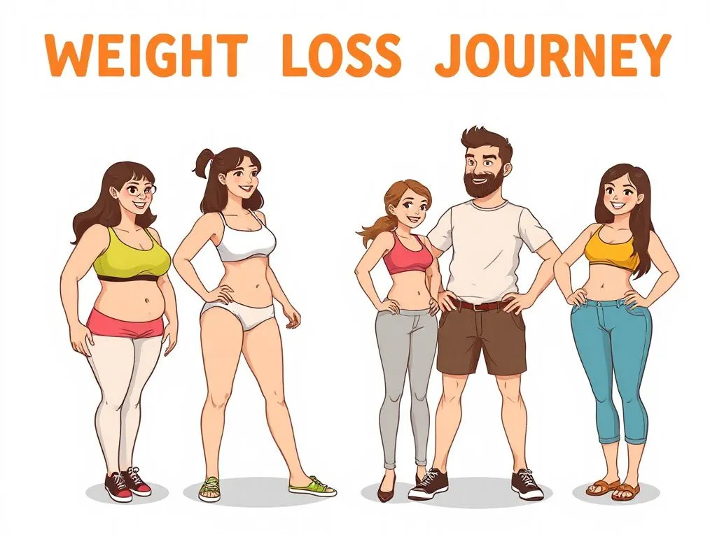 Illustration of successful weight loss journey, diverse clients, comparing before and after results, energetic outlook