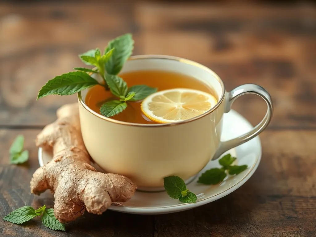 Cup of warm ginger tea with lemon and mint leaves, fresh, detailed, high quality, calming atmosphere Cup of warm ginger tea with lemon and mint leaves, fresh, detailed, high quality, calming atmosphere