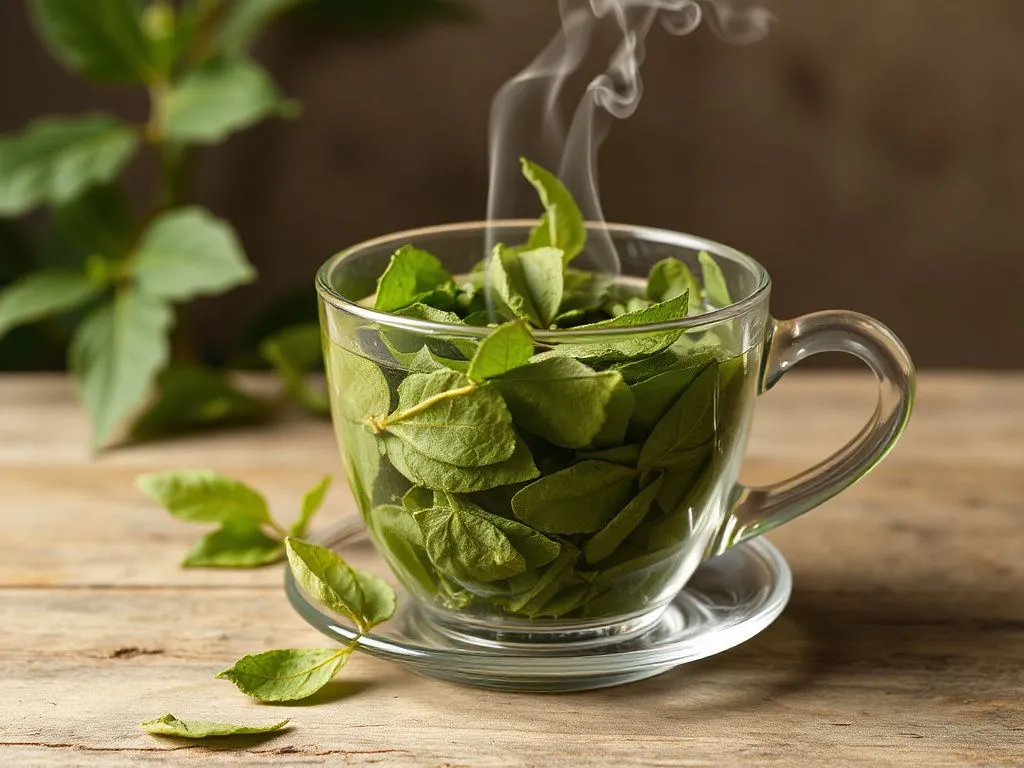 Green tea leaves in a glass cup, steam rising, photorealistic, high quality, tranquil setting Green tea leaves in a glass cup, steam rising, photorealistic, high quality, tranquil setting