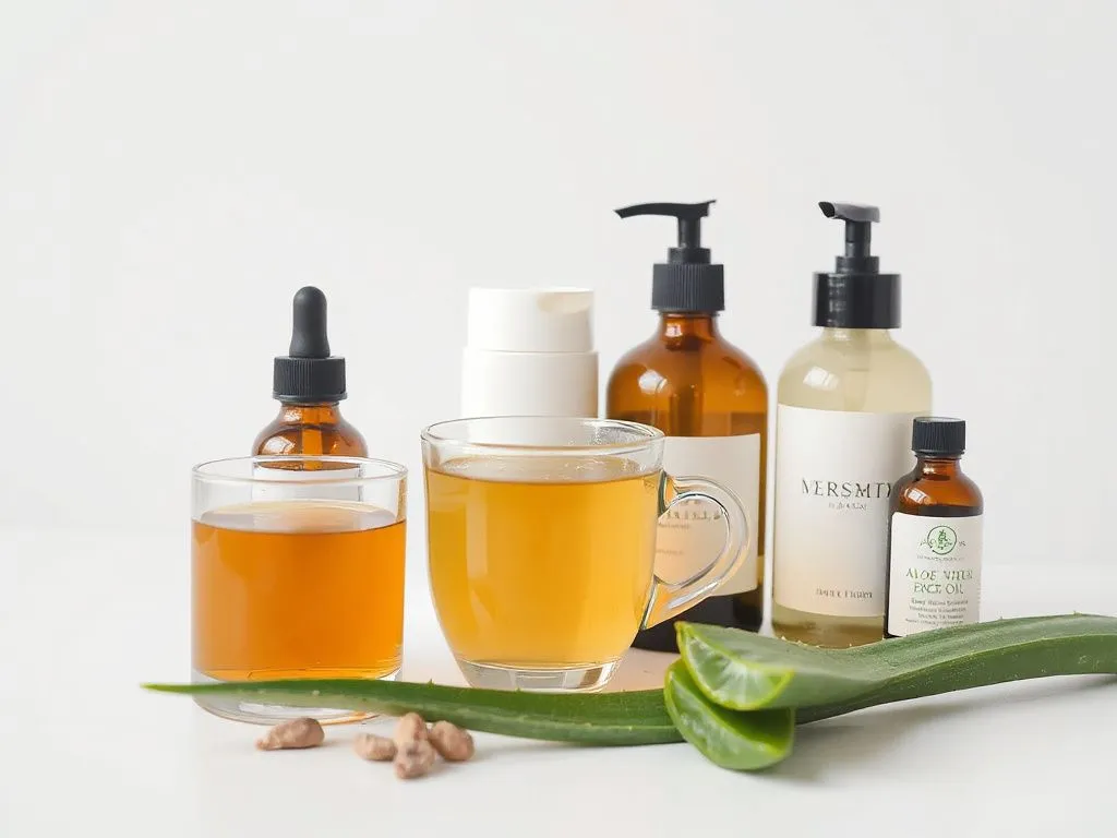 Daily routine health and beauty setup, including herbal tea, aloe vera oil, and beauty products, in a clean and minimalist style