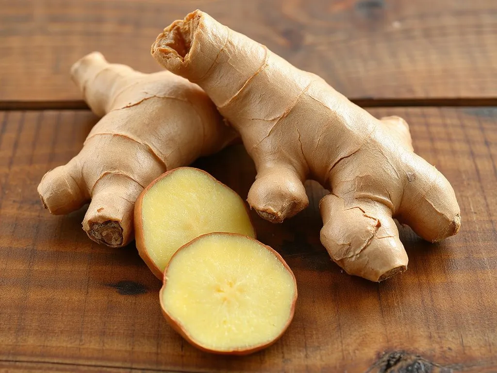 Fresh ginger root with slices on a wooden table, detailed, high quality photograph capturing its texture and color