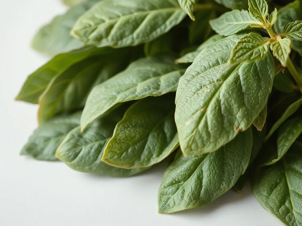 Fresh sage leaves shown in a minimalist setting, detailed, with a focus on their texture and color, modern photography style