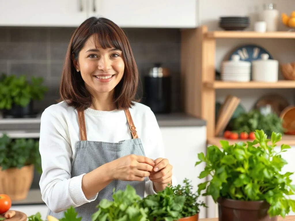 Portrait of a woman preparing herbs in her daily routine, photorealistic, capturing a joyful and healthy lifestyle