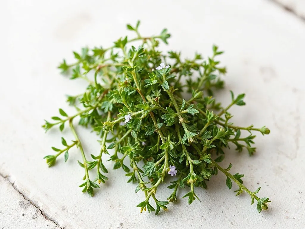 Thyme herbs displayed on a clean surface, highlighting their leaves and stems in high quality, professional lighting